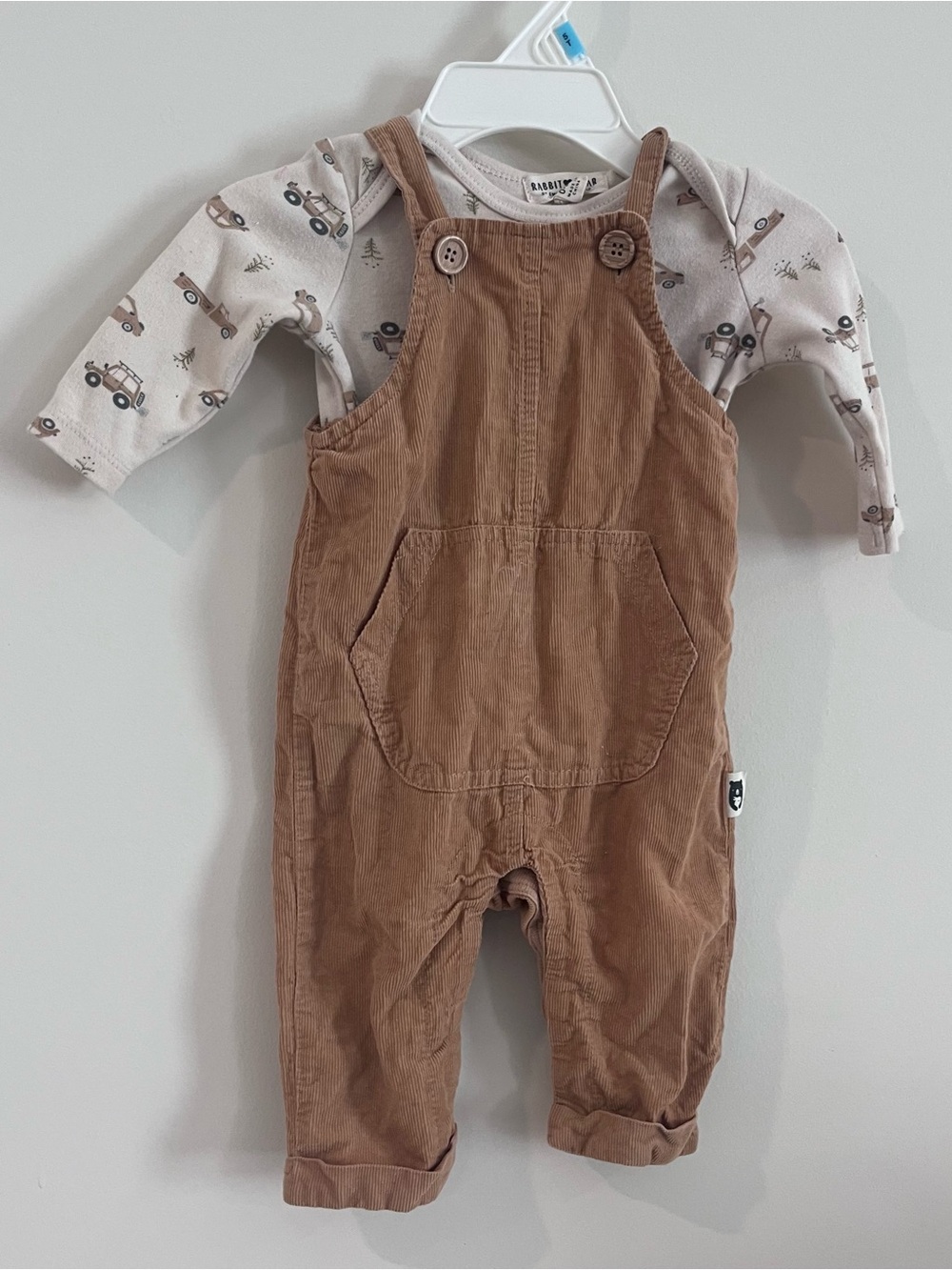 Rabbit + Bear Baby Boy Light Brown Corduroy Overall Printed Top 0-3m Organic
